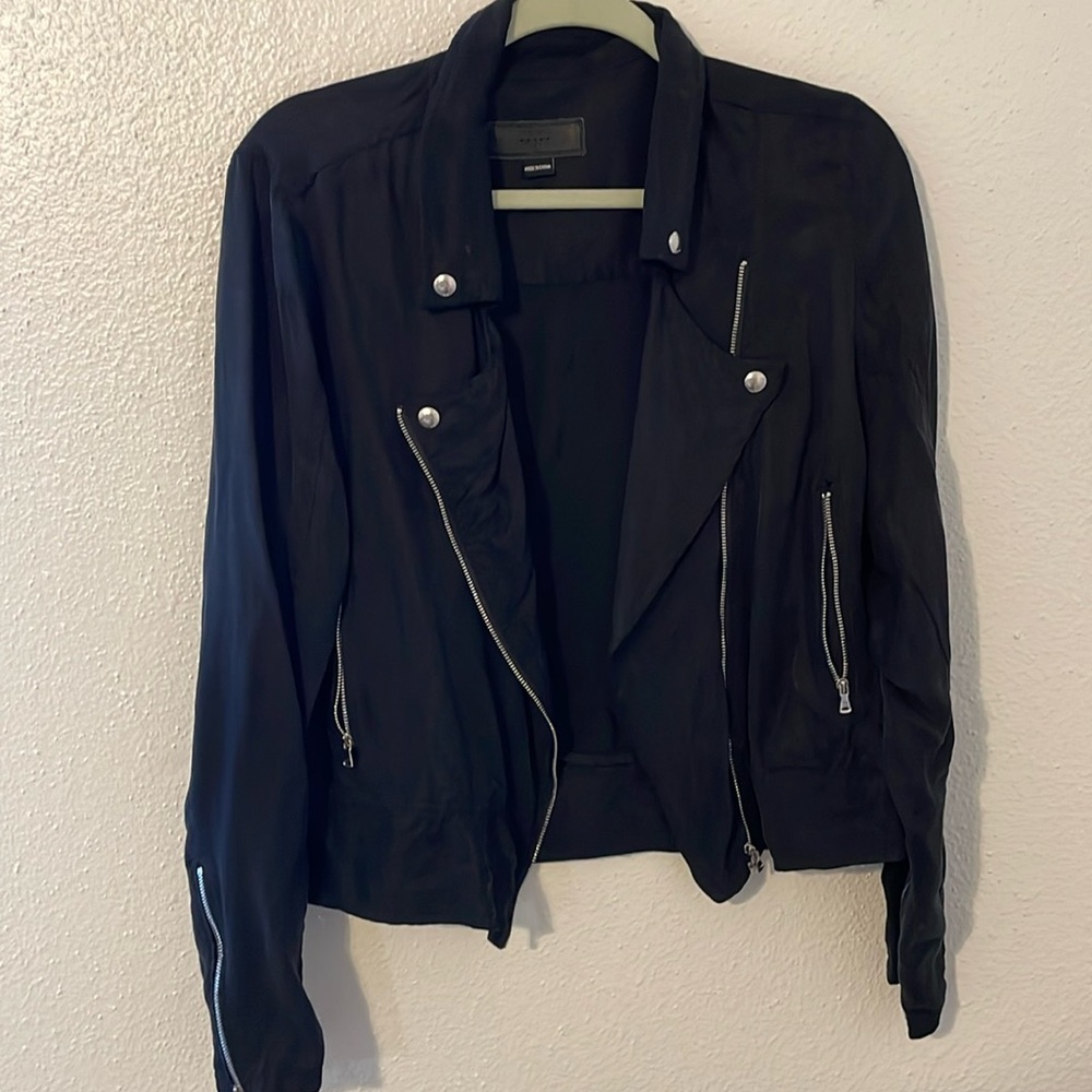 Blank NYC Moto Jacket Black 100% Tencel Full Zip Roll Tab Sleeve Medium Women